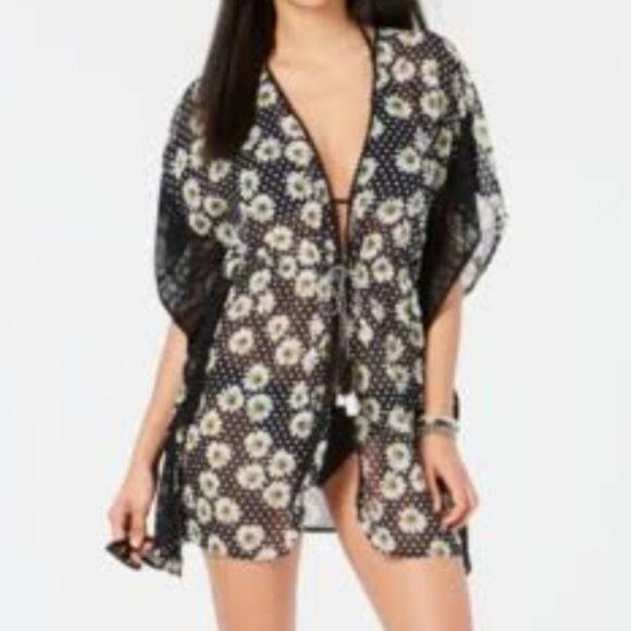 MIKEN SWIM Size Large Daisy Print Crochet Chiffon Kimono Tunic Swim Cover-Up - Picture 1 of 11